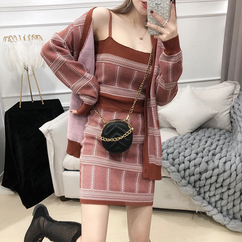 ALPHALMODA/2019 осенний женский топ на бретелях + Длинные кардиганы мини-юбка комплект