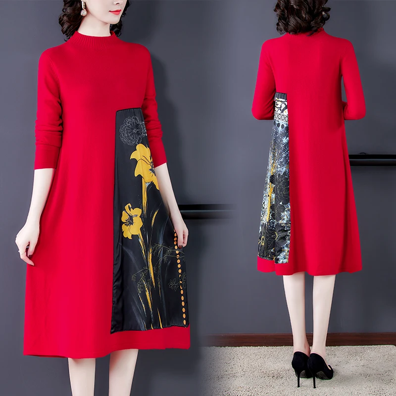 Осенне-зимнее длинное красное платье в европейском и американском стиле