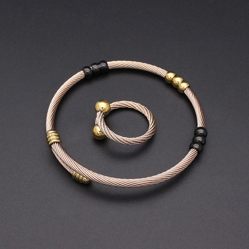 JSBAO New Arrivals Rose Gold Black Color Stainless Steel Cuff Bracelets Women Bracelet Ring Jewelry Set For | Украшения и