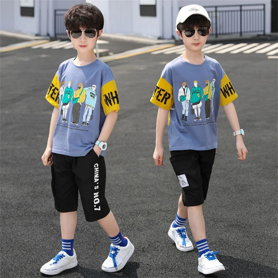 

Boys Clothing Sets Summer 2021 Cotton Teenage Kids Boys Suit For 4 6 8 10 12 14 Years Children Short Sleeve Shirt Shorts Set