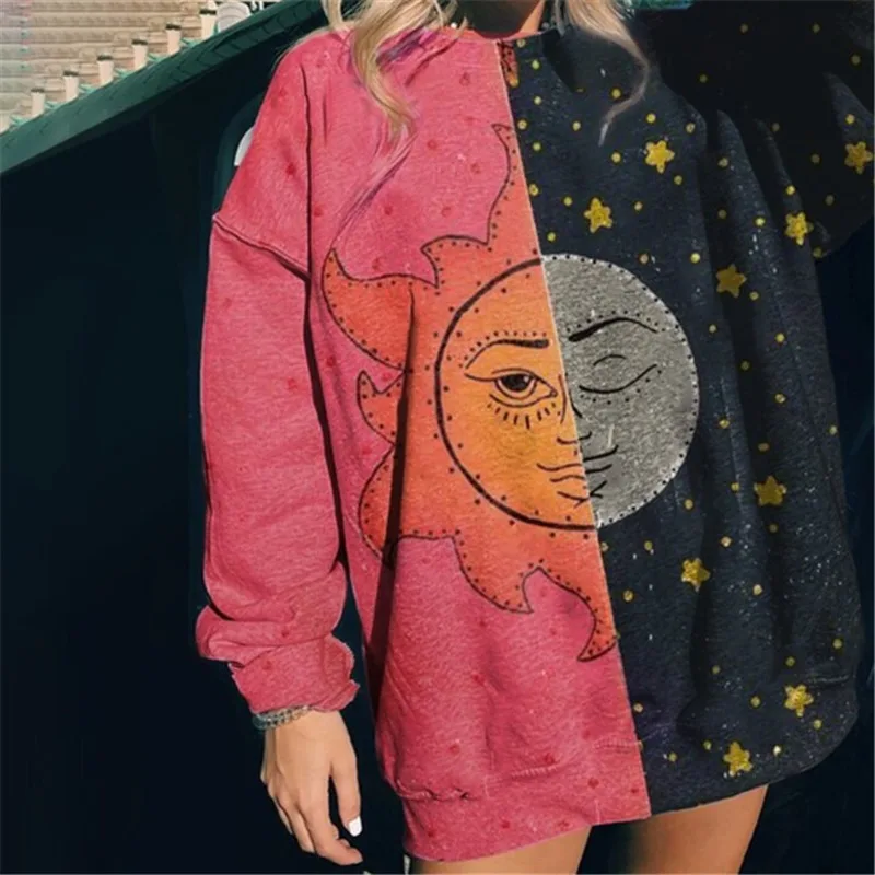

Red Black Sun Face Print Oversized Crewneck Sweatshirt Women Vintage Loose Casual Short Sleeve Pullover Fashion Tops Spring 2021