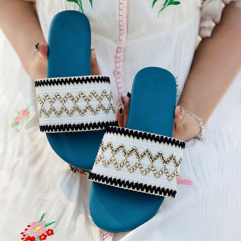 

2021Womens Flat Sandals Female Woven Slip On Cloth Summer Sandals Holiday Sandals