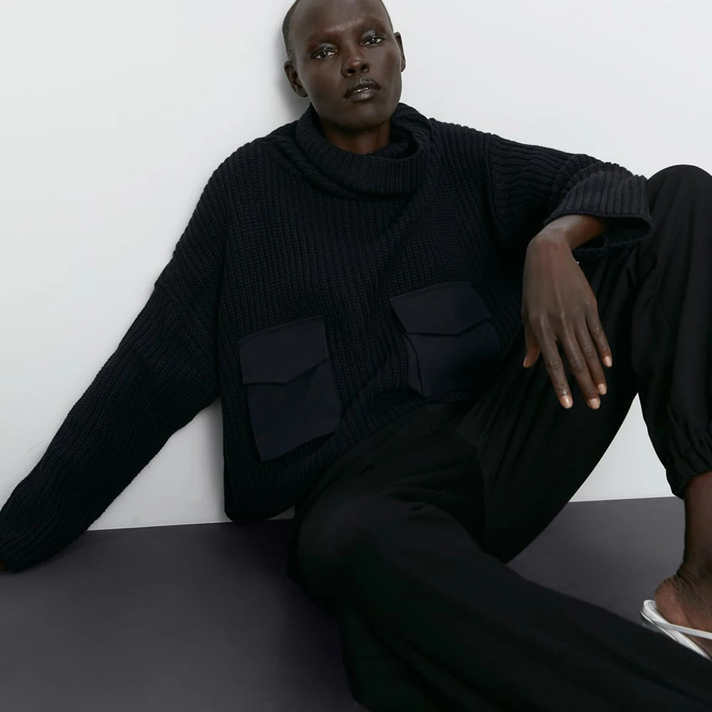 Новый Однотонный свитер ZA для женщин модный контрастный сшитый карман длинный