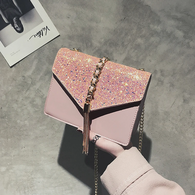 

2020 Fashion New Ladies Sequin Square bag High quality PU Leather Women's Designer Handbag Tassel Chain Shoulder Crossbody Bag