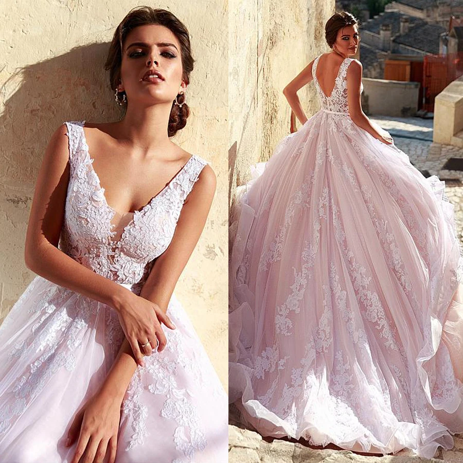 

Romantic Tulle V-neck Neckline A-line Wedding Dress With Lace Appliques Pink Long Bridal Gown vestido madrinha