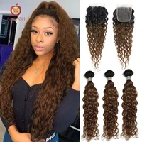 ombre human hair bunldles with closure brazilian water wave applegirl remy hair free part lace closure with 3 bundles