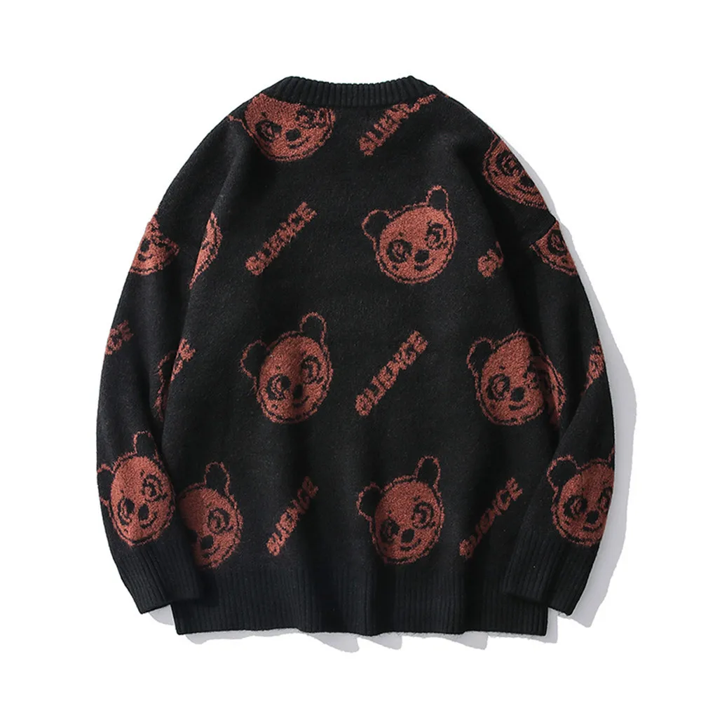 

SEVEYFAN Cartoon Bear Jacquard Sweater Men's Fashion Loose O Neck Pullover Knitwear Hip Hop Sweaters for Couples