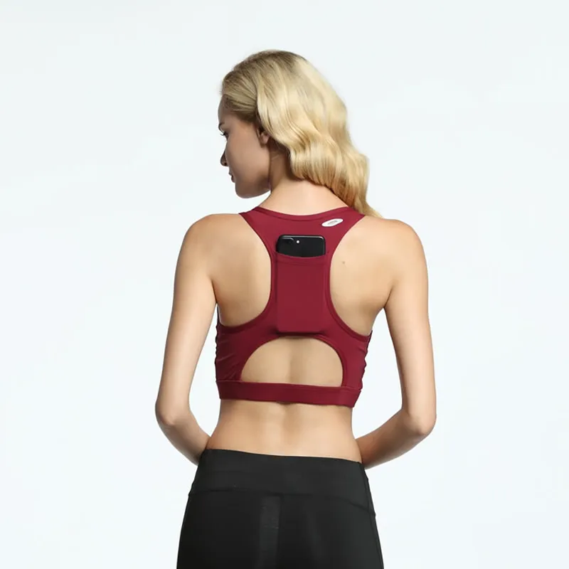 

High-quality Anti-shock Gather Yoga GYM Bra Fitness Workout Tops Seamless Yoga Running Push Up Sport Bra with Phone Pocket