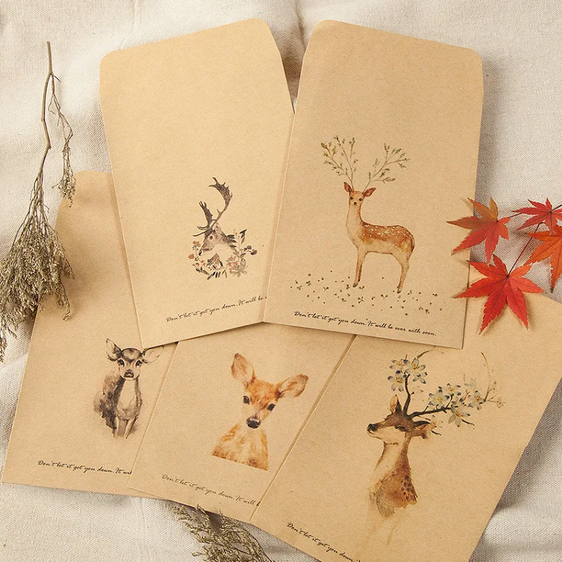 10Pcs Deer Painted Paper Kraft Bitty Candy Packing Bags Envelopes Chinese Traditional Painting Christmas Party Favor Gift Bag
