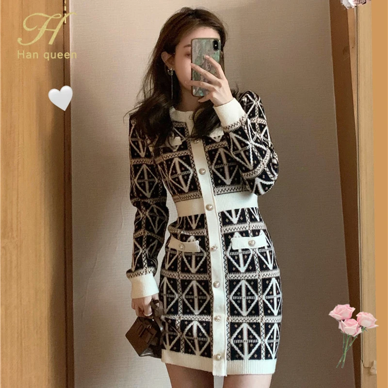 

H Han Queen Women Knitted Dress Long Sleeve Single-Breasted Sweater Dresses Casual Bottoming Simple Office Female Pencil Vestido