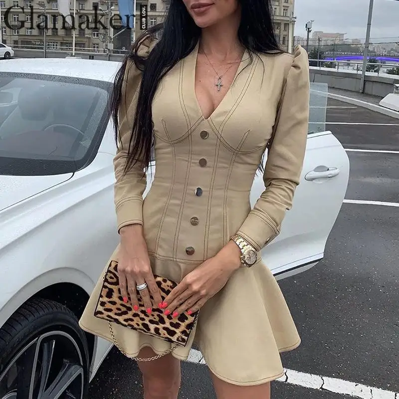 Glamaker v-образный вырез пуговицы бодикон короткое платье женское элегантное с