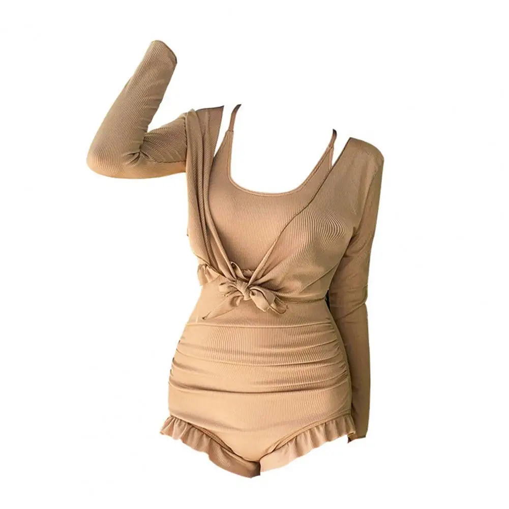

Women Backless High Waist Lace Up Solid Color One Piece Swimwear Swimsuit with Sunscreen Shirt 2Pcs/Set
