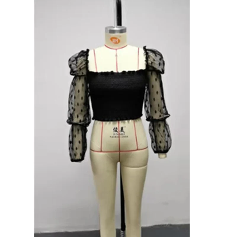 

WEPBEL Women Sexy Hollow Out Mesh Crop Top Shirt Ladies Elegant Long Lantern Sleeve Square Collar Slim Fit T-shirt