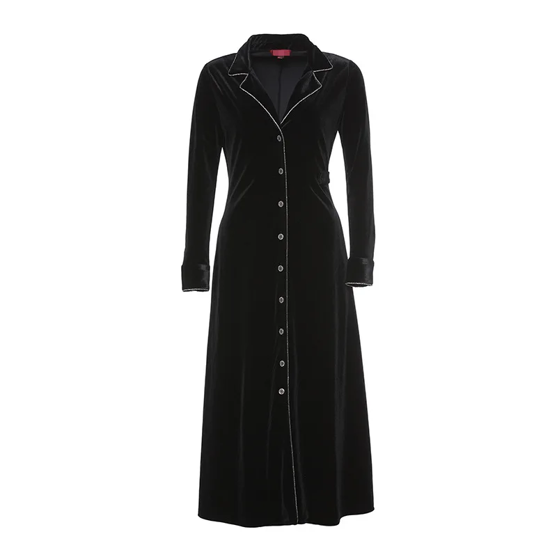 

Suit collar velvet windbreaker ladies mid-length A-line skirt diamond studded single breasted slim fit over the knee jacket