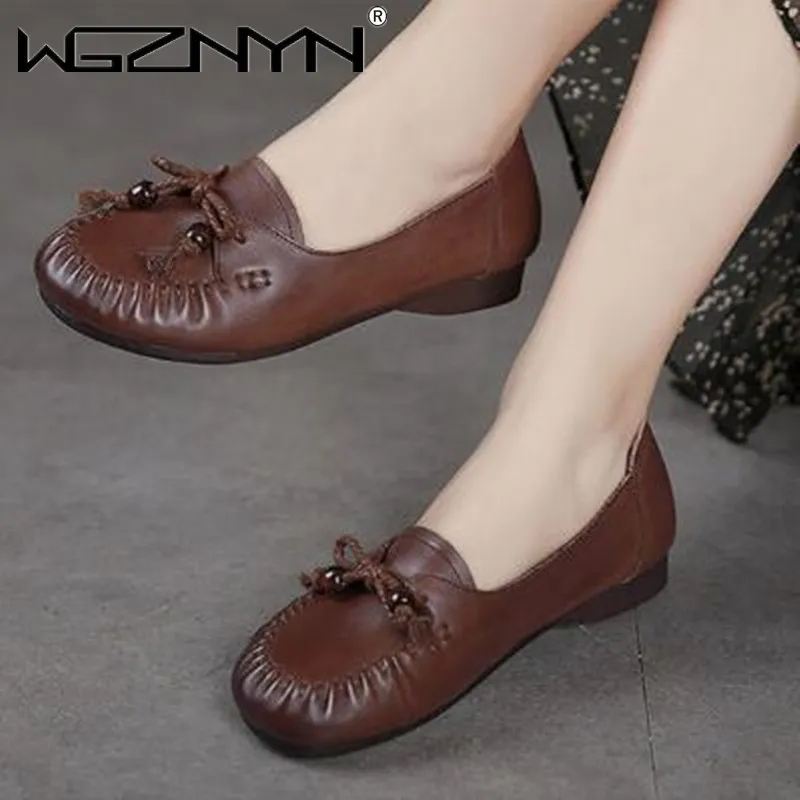 

New Top Soft PU Breathable Comfortable Shoes Woman Flat Shoes Bow Light Soft Sole Women Leather Retro Shoes Fashion Casual Shoes