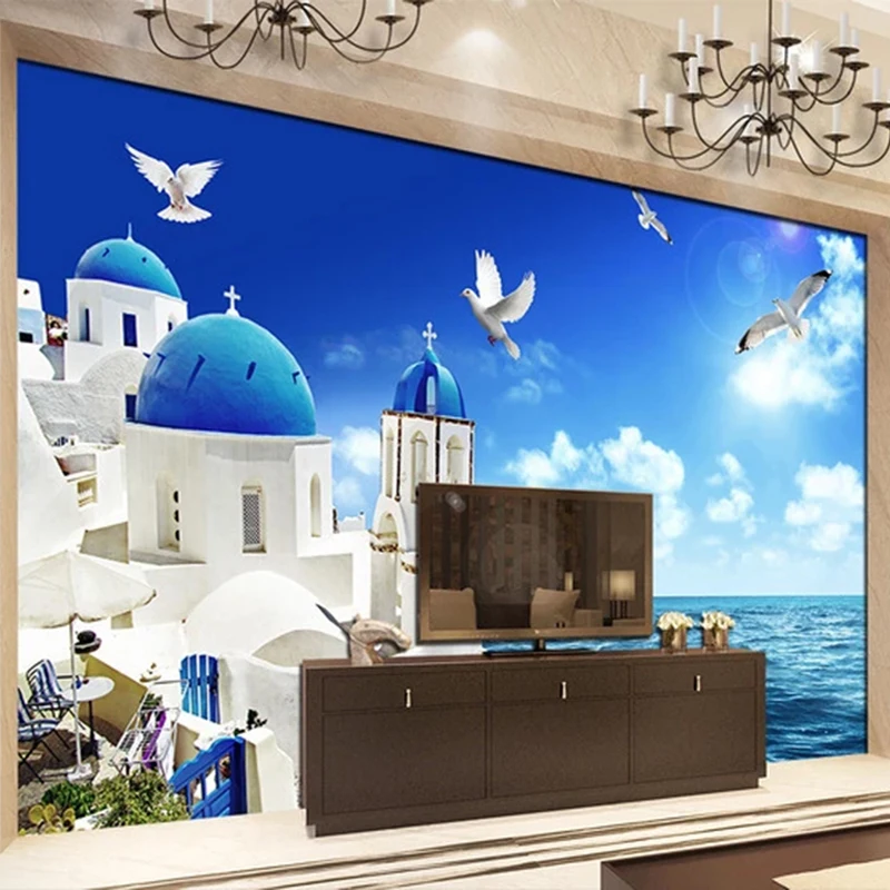 Custom Self-Adhesive Waterproof Mural Wallpaper 3D Blue Sky And White Clouds Church Seascape Stickers Bathroom Removable Poster |