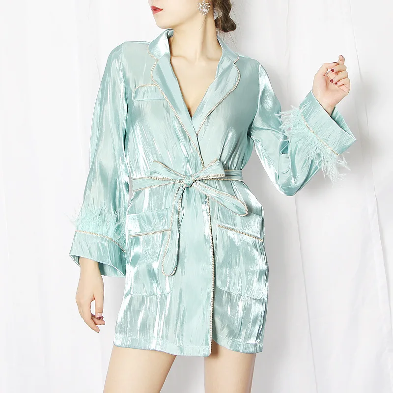 

MSXU 2020 Women's Sunscreen Clothing Silky Pearlescent Gold Rim Contrast Color Feather Large Pockets Waist Tie Suit Jacket Women