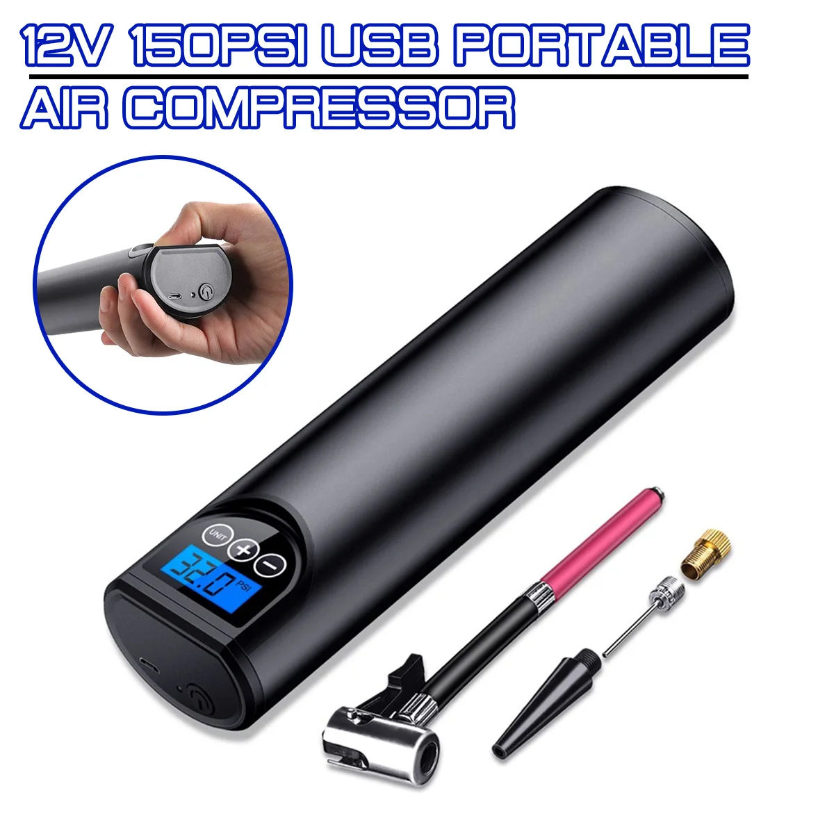 Comprar Compresor De Aire Inalámbrico Portátil LCD, Bomba Inflable De Mano Para Neumáticos, Bolas, Anillos De Natación, 12V, 150PSI, USB