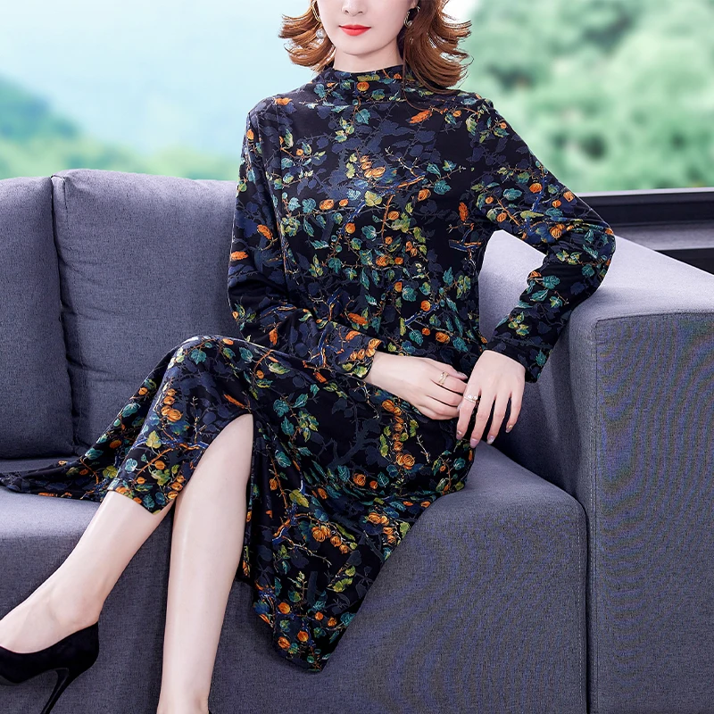 2023 Black Floral Brocade Midi Dress Autumn Winter Long Sleeve Korean Vintage Casual Dress Women Elegant Bodycon Party Vestidos