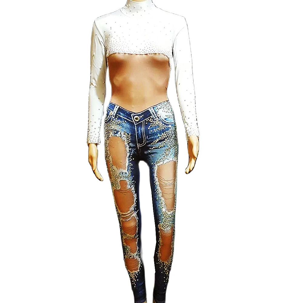 

Personality Ripped Denim Pattern Printing Rhinestones Jumpsuit Backless Nightclub Dance Show Wear Women Party Evening Costume