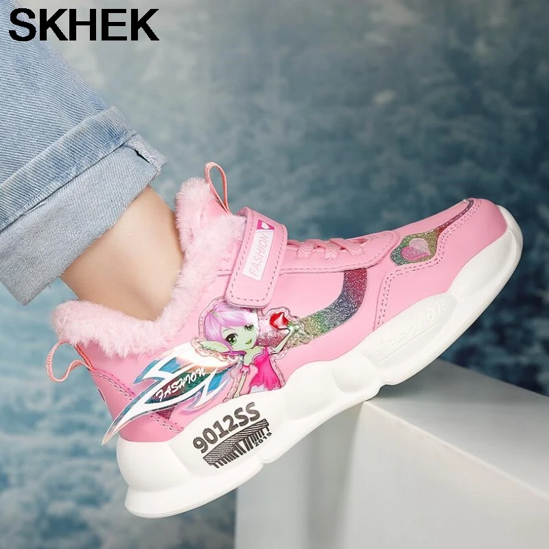 Детские теплые кроссовки SKHEK зимняя новая модная бархатная кожаная детская обувь