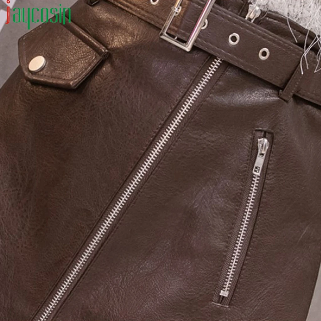 Повседневная мини-юбка Женская однотонная кожаная юбка на молнии с поясом и