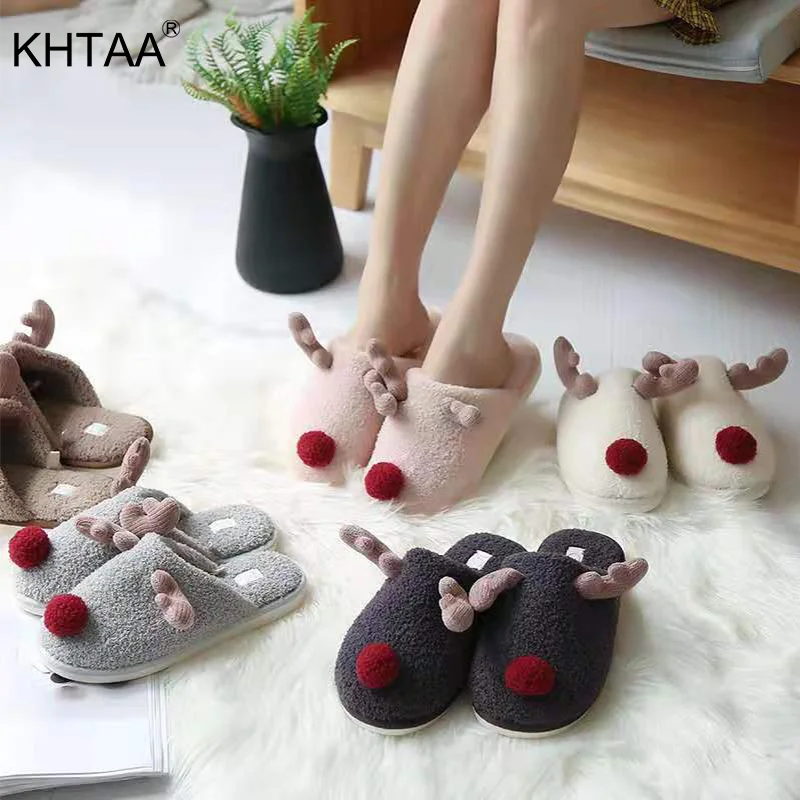 KHTAA/ г.; зимние женские тапочки; теплые плюшевые тапочки с милым оленем; рождественские слипоны на плоской подошве; женская мягкая удобная домашняя обувь