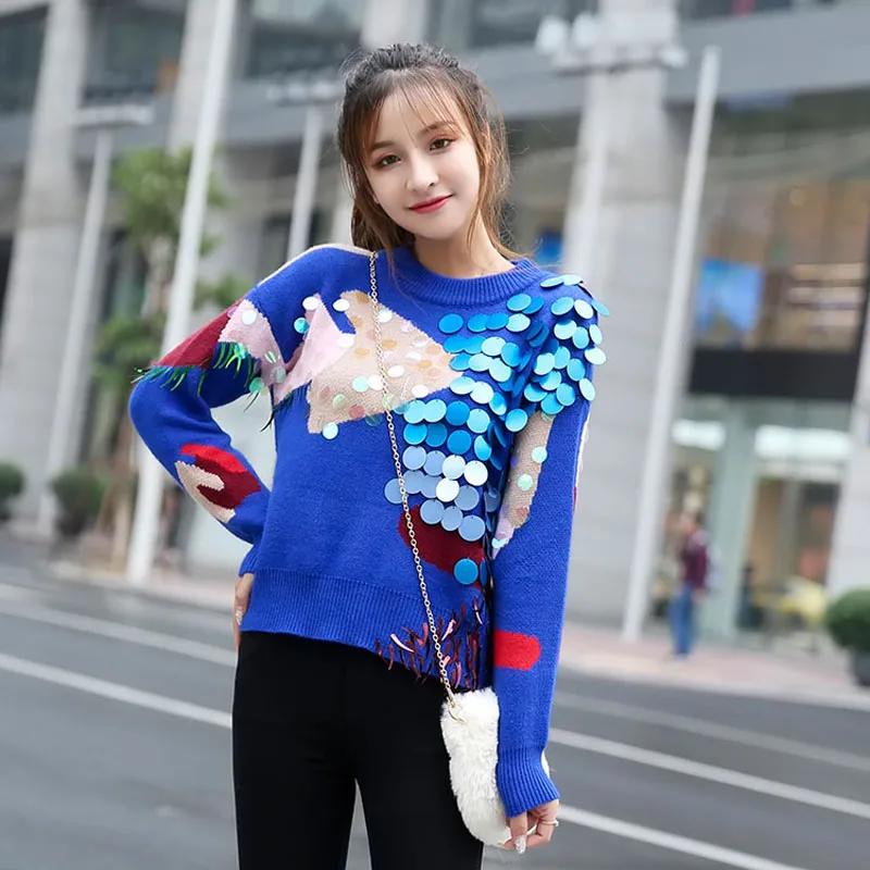 Heavy industry Sequin tassel color sweater women 2020 spring Autumn New Korean fashion short round long sleeve knitted B-016 | Женская