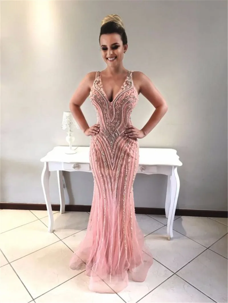 Роскошные бусины Кристаллы Розовый Русалка Выпускные платья Длинные Vestidos De gala сексуальные с открытой спиной Вечерние платья Robe De Soiree