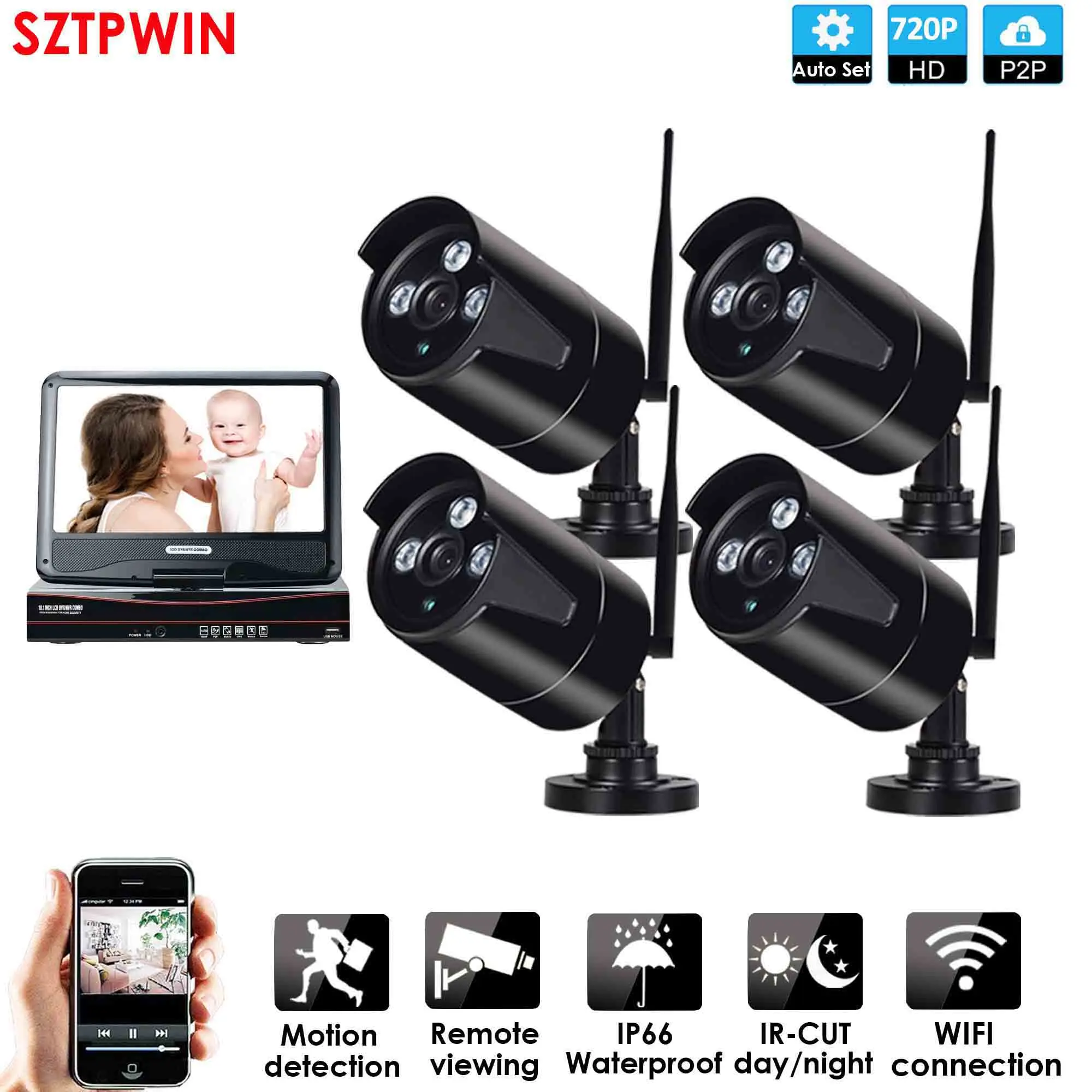 4CH 720P LCD WIFIKIT 8CH 1080P Беспроводная система наблюдения сеть 10," ЖК монитор NVR рекордер Wifi комплект 720P HD видео входы камера безопасности - Цвет: 4CH 720P LCD WIFIKIT