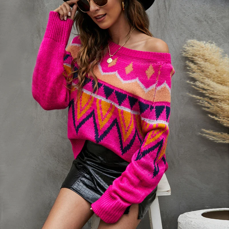

Women's Fluorescent Red Raglan Sleeve Sweater Top Geometric Jacquard Contrast Loose Pullover Sweater Top