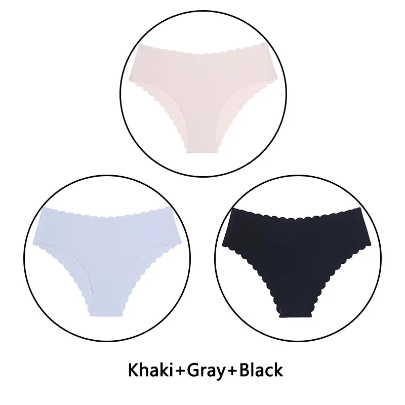 Khaki Gray Black 3 шт./партия, сексуальные трусики с оборками женский сексуальный бесшовный трусики с низкой посадкой, однотонное мягкое нижнее белье, женские Ультра тонкие трусики, нижнее белье - Цвет: Khaki Gray Black
