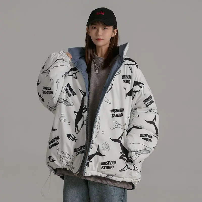 

Double-sided parkas for men Harajuku cotton-padded comic shark winter coat Korean new loose unisex cotton jacket couples clothes