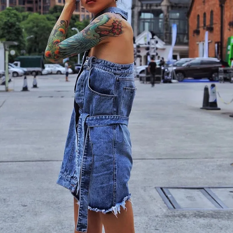 Новое летнее джинсовое платье Harajuku с поясом женское отворотом открытыми плечами