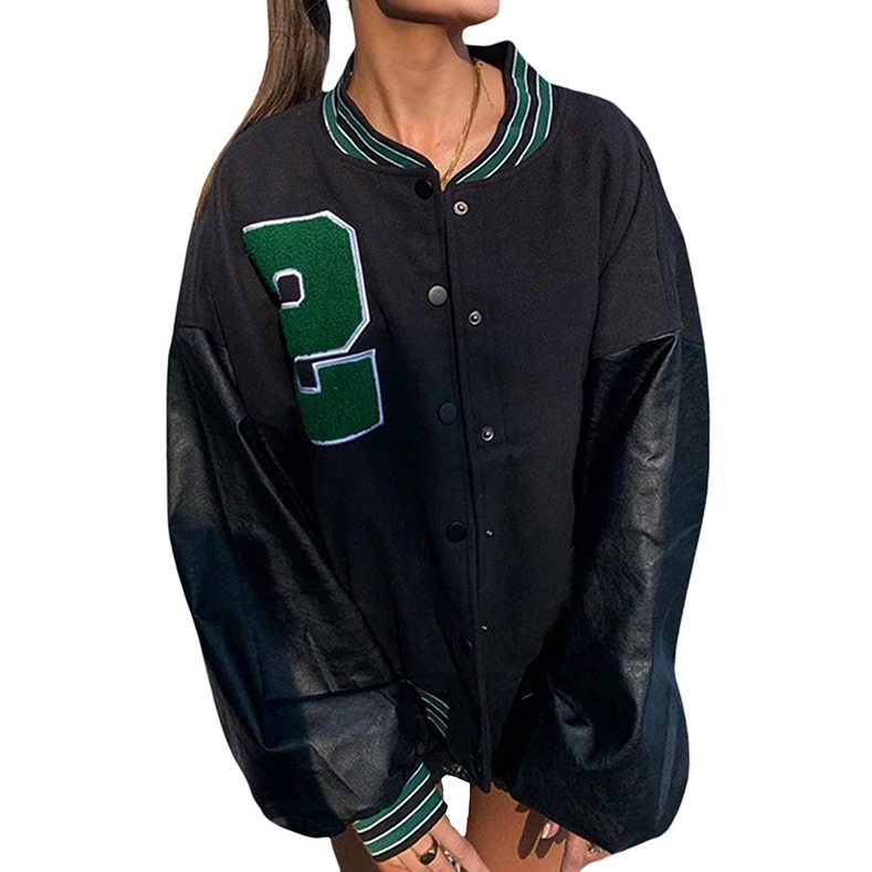 

Women Coat Letter Pattern Patchwork Long Sleeve Button Jacket Party Travel Top Coat Fall Winter