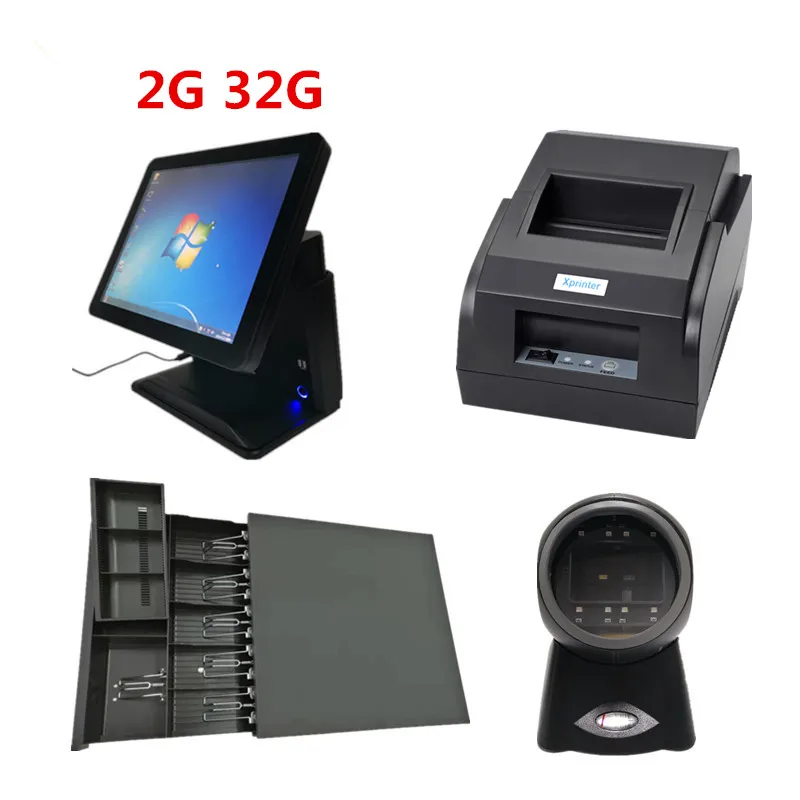 black 2G 32G Pos-терминал 1" сенсорная панель кассовый аппарат и кассовый ящик и 58 мм Термопринтер и сканер штрих-кода платформа - Цвет: black 2G 32G