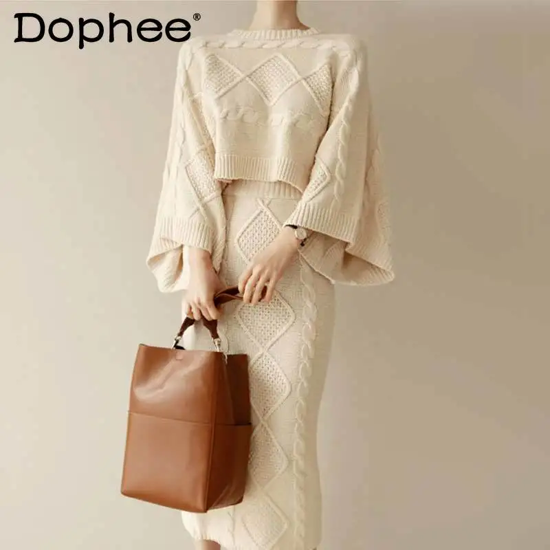 

Elegant Batwing Long Sleeve Knitted Sweater Coat Top 2021 Autumn New High Waist Twist Split Mid-Length Knitted Skirt Suit Women