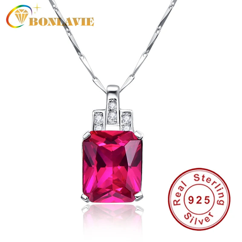 

BONLAVIE 1 Piece Created Rose Red Ruby Square Pendant 925 Sterling Silver Pendant Necklace Jewelry Fine Jewelry For Women