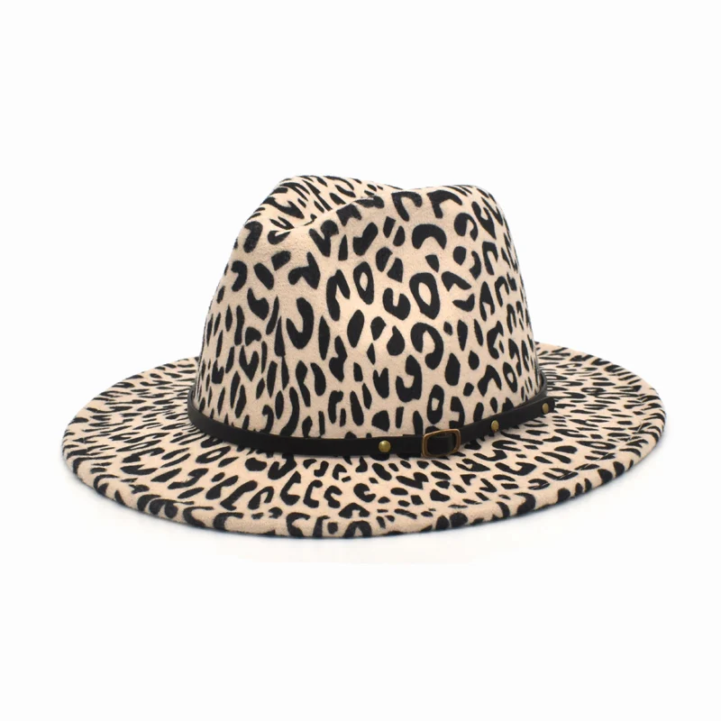 Women's Flat Brim Wool Felt Jazz Fedora Hat Men's Women's Leopard Print Leather Band Decoration Trilby Panama  Hat F97
