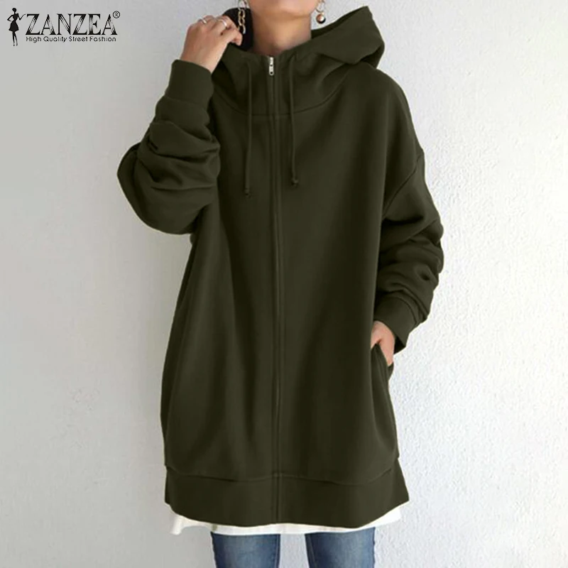 

ZANZEA 2021 Fashion Women Hoodies Long Sleeve Jackets Autumn Sweatshirt Coats Casual Hooded Outwear Solid Loose Pullovers