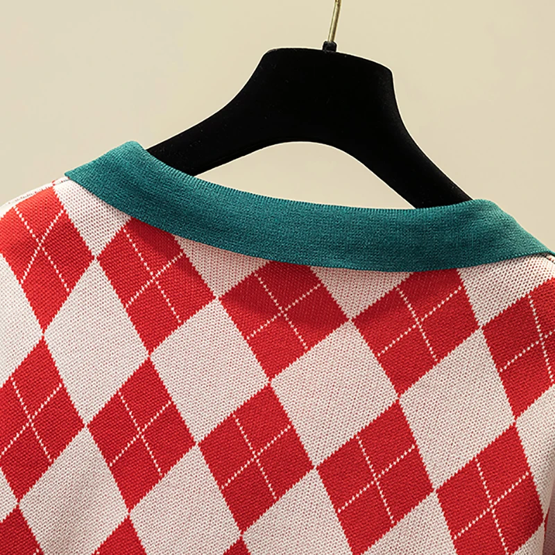 

Plaid Womens Sweater Korean Style POLO Collar Sweaters Female 2021 Spring Pullover Women Long Sleeve Knitted Sweater Loose Tops