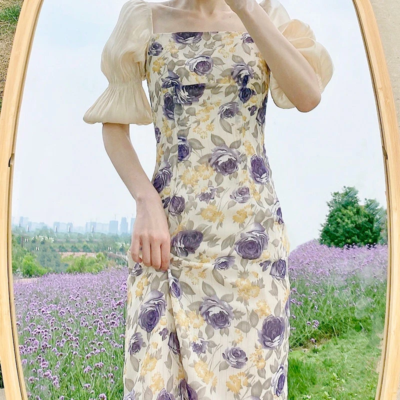 

chic floral dress 2021 new summer fat mm waist slimming French cheongsam improved version over the knee long dress