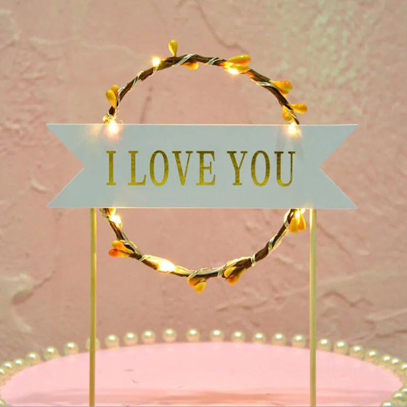 

Sweet Love LED Light Up Flashing Flower Cake Toppers Happy Flag Decoration Event Party Wedding Birthday