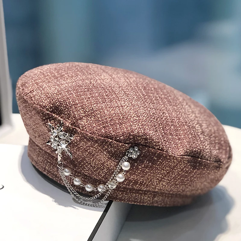 Женский берет в шотландскую клетку USPOP 2020 осенние шапки с жемчужной цепочкой |