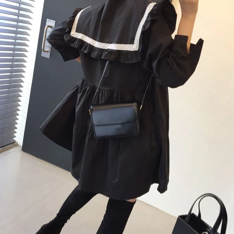 

Hit Color Patchwork Loose Dress Women High Waist Hip A Line Knee Length Vestidos Turn Down Collar Long Sleeve Robe Spring