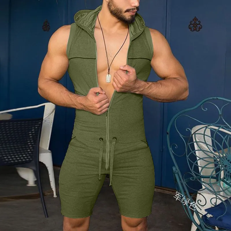 

Mandylandy Men's Sexy Hooded Playsuit Rompers Slim Fit Hoodie One Piece Outdoor Workout Sports Zipper Side Pockets Short Pants