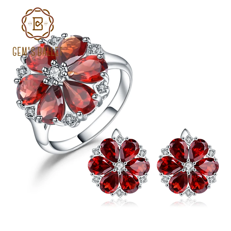 

GEM'S BALLET Natural Red Garnet Flower Jewelry Set Solid 925 Sterling Silver Earrings Ring Set For Women Wedding Fine Jewelry