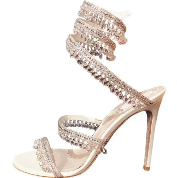 

Drop Shipping Woman White Nude Snake Shaped Crystal Pendants Sandals Female Cross Bling Diamond Stiletto Heels Wedding Shoes