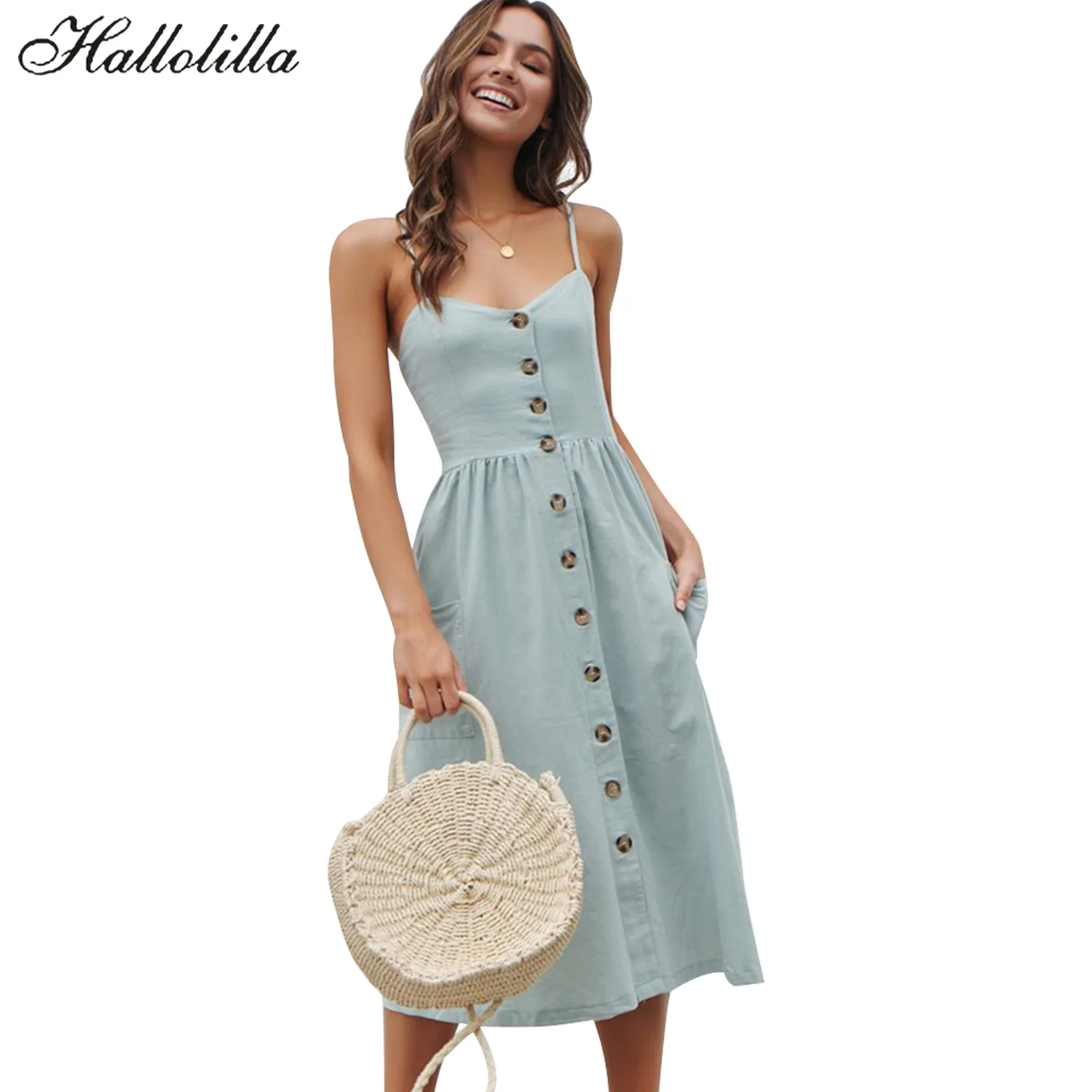 Модное однотонное летнее платье на бретельках с пуговицами женское сексуальное v