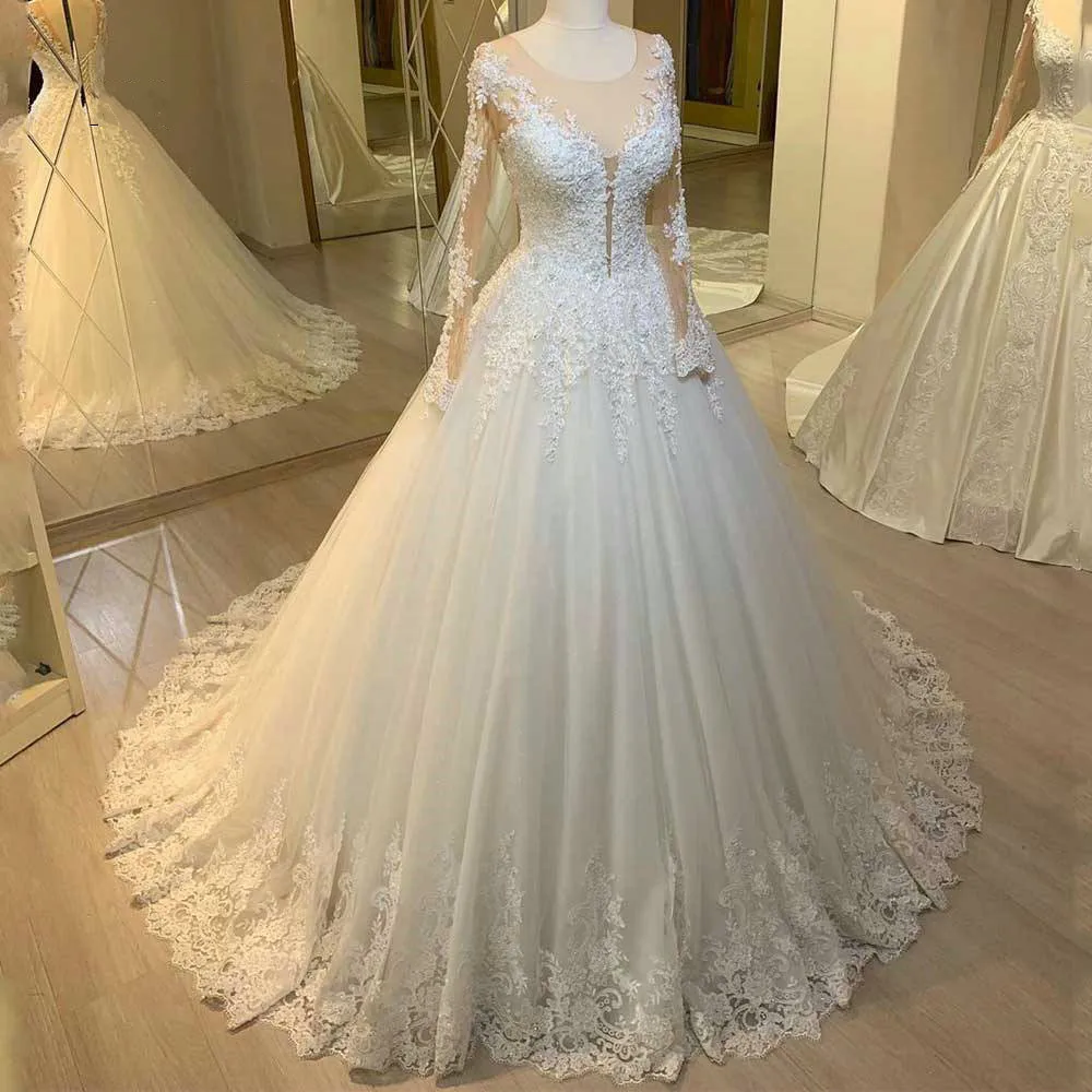

vestido de noiva Luxury Long Sleeves Ball Gown Wedding Dress Scoop Lace Applique Pearls Bridal Gown Off White Bride Dress